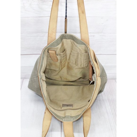 Vintage LL Bean Green Tan Cotton Colorblock Buckle Shoulder Tote Bag - Picture 9 of 10